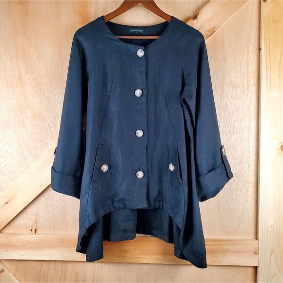For Cynthia Tops - FOR CYNTHIA Black Linen Button-Down 3/4 Sleeves Blouse in Size S